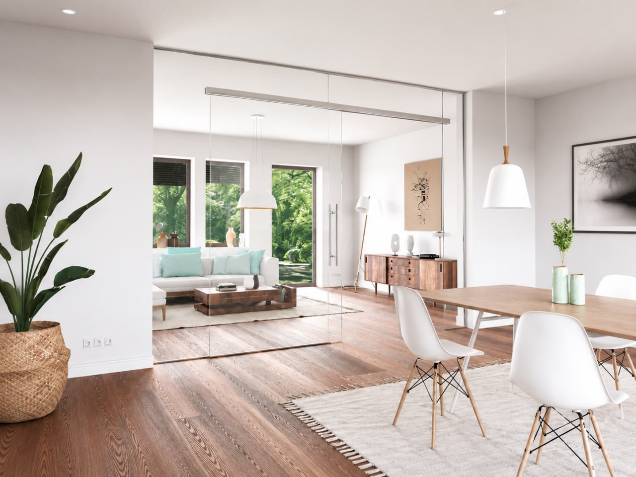 PCSdesign® Glastrennwand im hellen Wohnbereich
