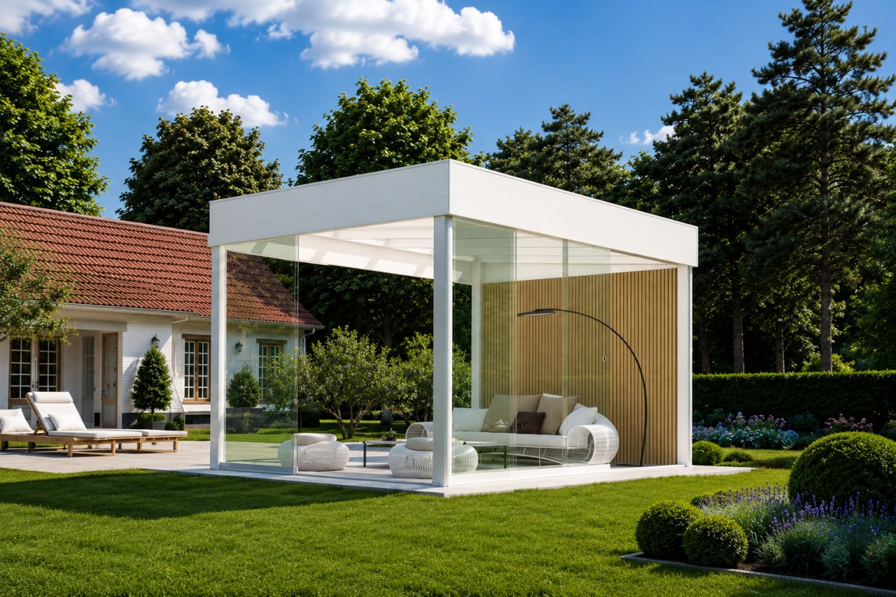 Weiße PCSdach® Glasüberdachung im Garten mit Sitzbereich