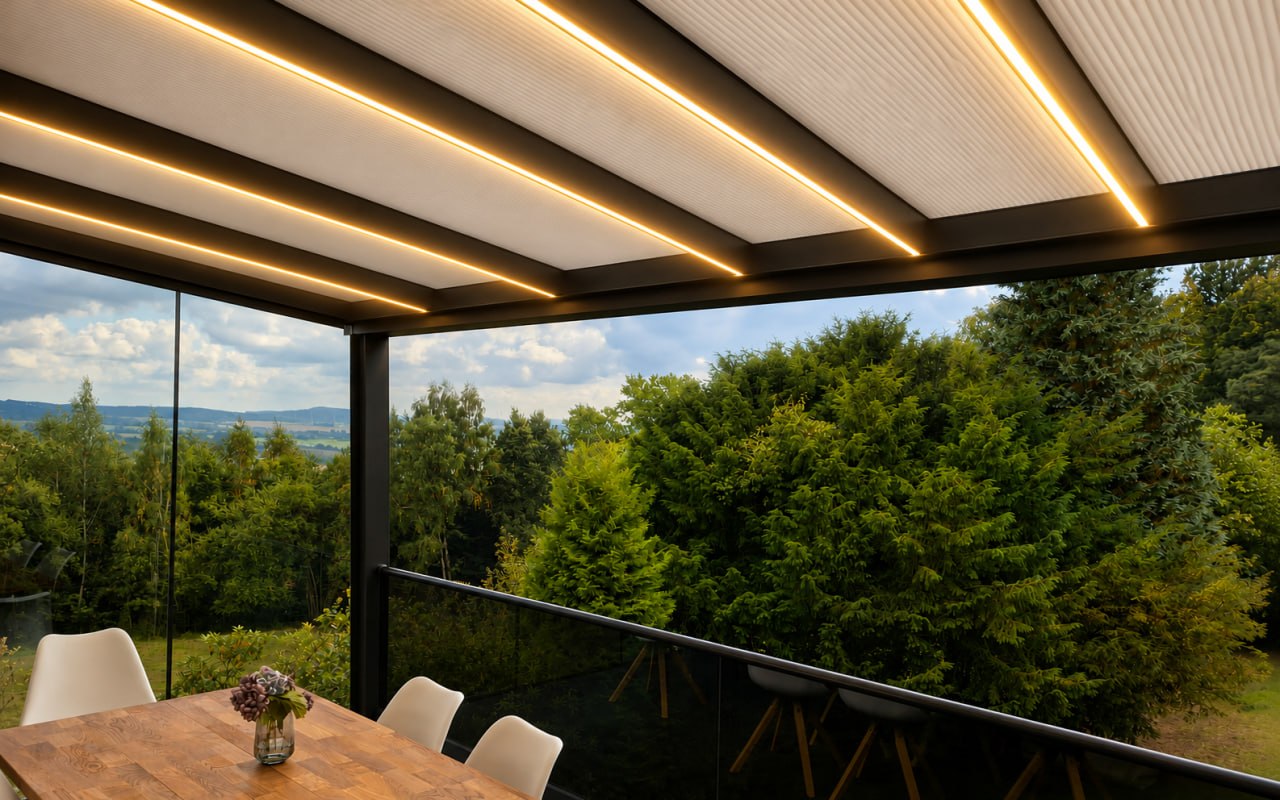 COB LED-Beleuchtungsprofile in einer Terrassenüberdachung